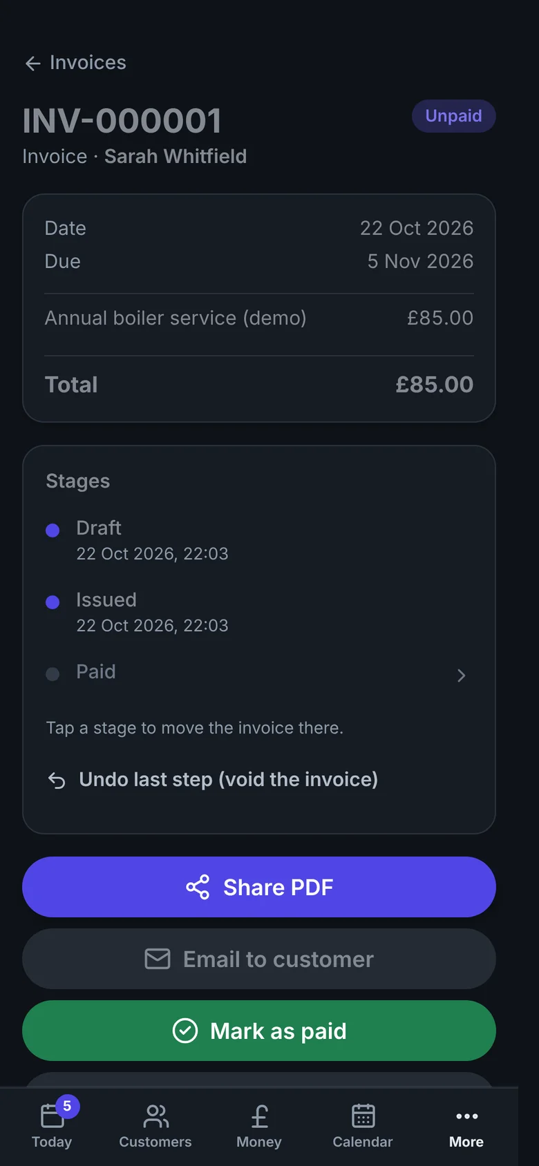 An invoice in Vixir with Share PDF, Email to customer and Mark as paid